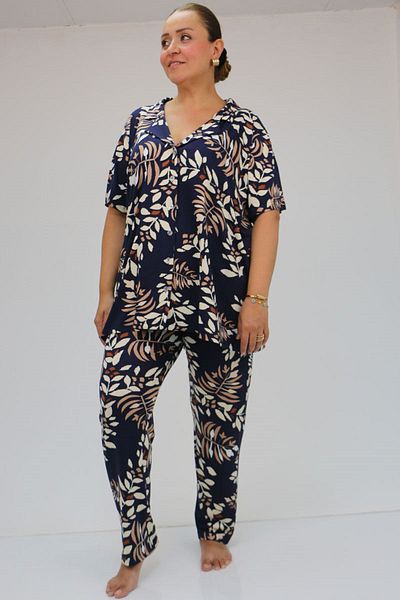 Eslina 37801 Large Size Navy Blue Viscose Pajama Set - Buttoned and Leafy