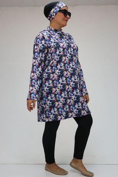 Eslina 1727 Model Plus Size Rose Flower Patterned Long Sleeve Hijab Swimsuit Set