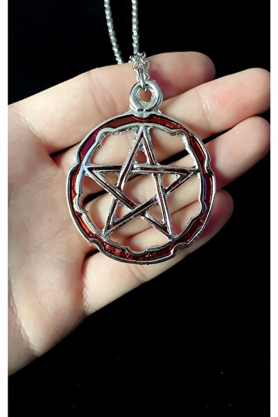DarkellaStore Gotik Punk Kırmızı Sedefli Pentagram Kolye