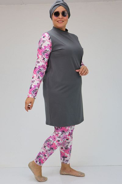 Eslina 1729 Model - Plus Size Pink and Gray Hijab Swimsuit Set