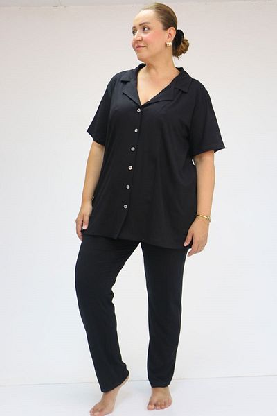 Eslina 37801 Plus Size Black Patterned Combed Cotton Pajamas Set