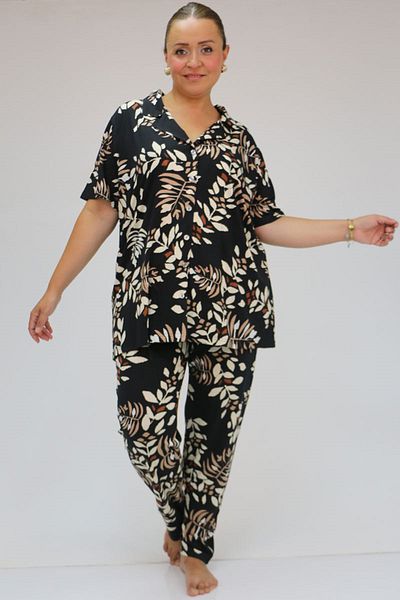 Eslina 37801 Viscose Pajama Set - Plus Size, Buttoned and Leaf Black-mink
