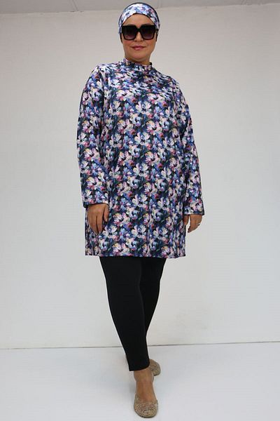 Eslina 1727 Model Plus Size Rose Flower Patterned Long Sleeve Hijab Swimsuit Set