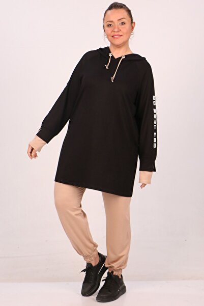 Eslina 47015 Large Size Sleeve Printed Crystal Two Thread Tracksuit Set-Black