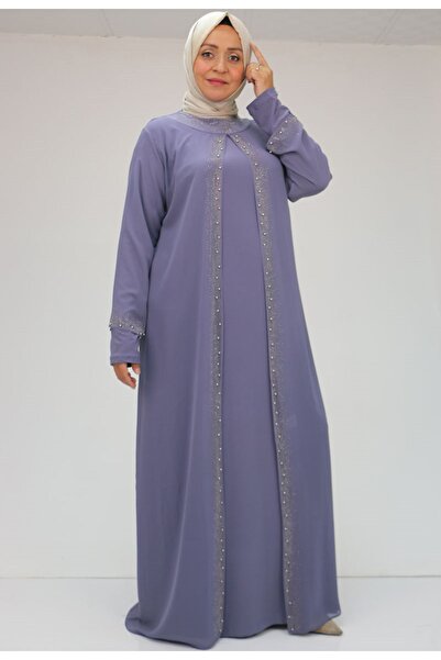 Eslina 42018 Büyük Beden  Taş Baskılı Sandy-Şifon Elbise - Mor
