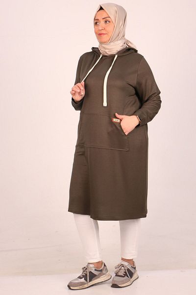 Eslina 48006 Large Size Kangaroo Pocket Crystal Two Thread Tunic-Khaki