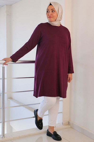 Eslina 38501 Plus Size Plum Basic Combed Cotton Tunic