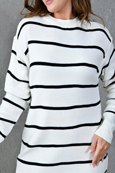 4S1B FASHION Crew Neck Long Sleeve Midi Size Oversize Striped Ecru Knitwear Hijab Dress 1080