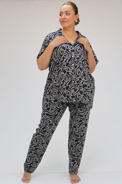 Eslina 37801 Plus Size Viscose Pajamas Set - Black-grey Wavy, Buttoned