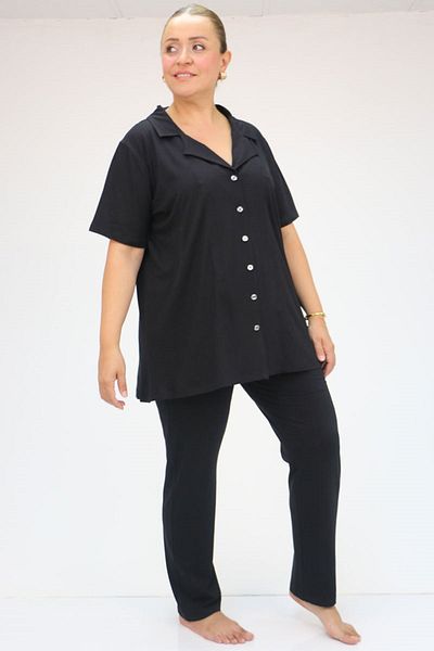Eslina 37801 Plus Size Black Patterned Combed Cotton Pajamas Set