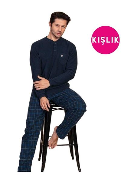 bie's Ανδρικό Navy Blue καρό με 3 κουμπιά μακρυμάνικο με τσέπες στο στήθος Thessaloniki ύφασμα χειμερινό σετ πιτζάμες με τσέπες