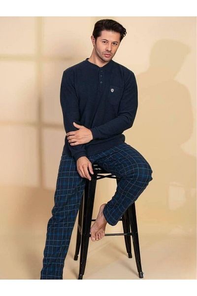 bie's Ανδρικό Navy Blue καρό με 3 κουμπιά μακρυμάνικο με τσέπες στο στήθος Thessaloniki ύφασμα χειμερινό σετ πιτζάμες με τσέπες