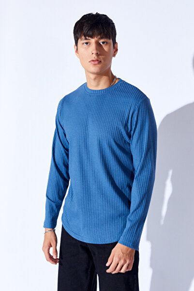 Manche Bisiklet Yaka Jakarlı Dokulu Kumaş Slim Fit Basic Uzun Kol Erkek Tshir...