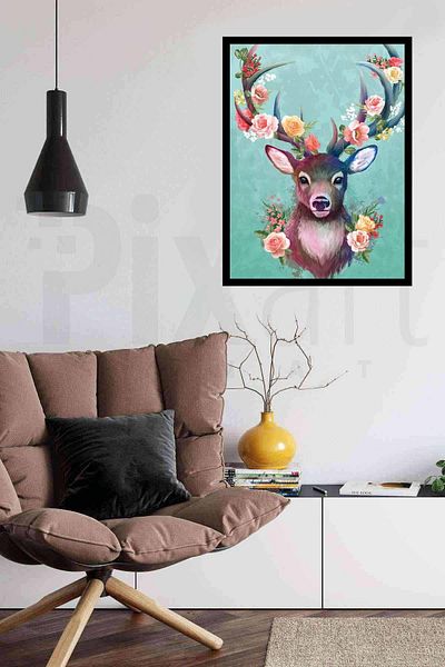 pixartsanat Pixart 30*40 cm Floral Deer Portrait - Diamond Mosaic Diamond Painting