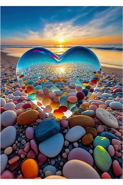 pixartsanat Turkey Diamond - 30X40 Diamond Mosaic Painting, Heart and Beach Painting Pixart Art