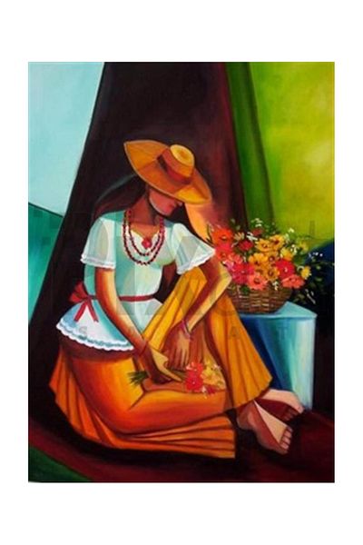 pixartsanat Woman Sitting Beside Flowers Pixart Art Diamond Mosaic Painting Diamond Turkey 46*61