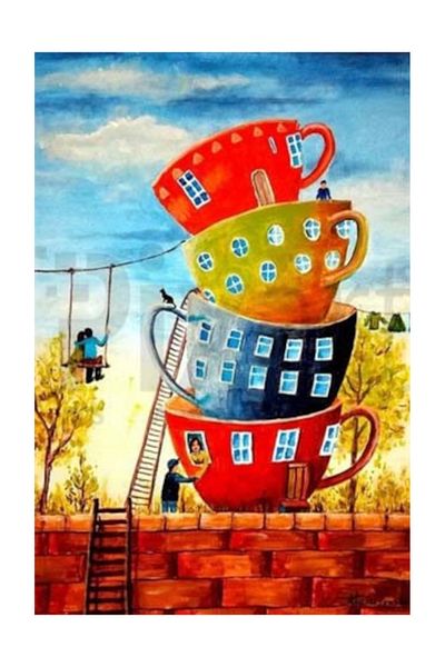 pixartsanat Cup Houses Pixart Art Diamond Mosaic Painting Diamond Turkey 40*50