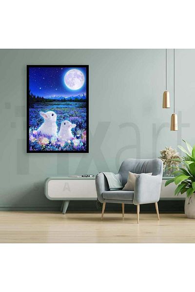 pixartsanat Moon Rabbit 30 x 40 cm PixArt Art Diamond Mosaic Painting Diamond Turkey