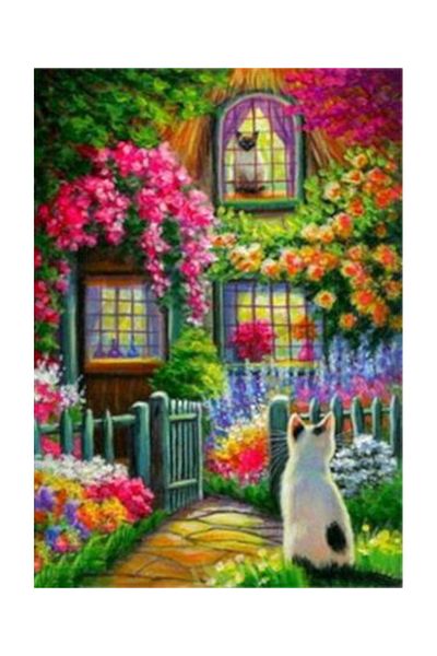 pixartsanat Floral House And Cats Diamond Mosaic Painting Diamond Turkey Pixart Art 58*84