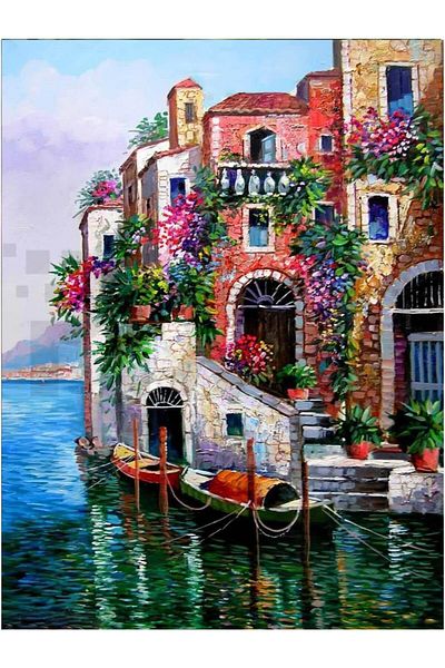 pixartsanat 30 x 40 cm, terrace houses on the water side PixArt Art Diamond Mosaic Painting Diamond Turkey