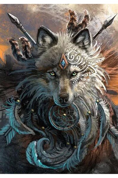 pixartsanat Wolf Dreamcatcher Pixart Wolf Dream Catcher - Diamond Painting with Diamond Mosaic 38*69