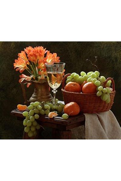 pixartsanat Flowers and Fruit Basket on the Table Pixart Artelmas Mosaic Painting Diamond Turkey 61*51