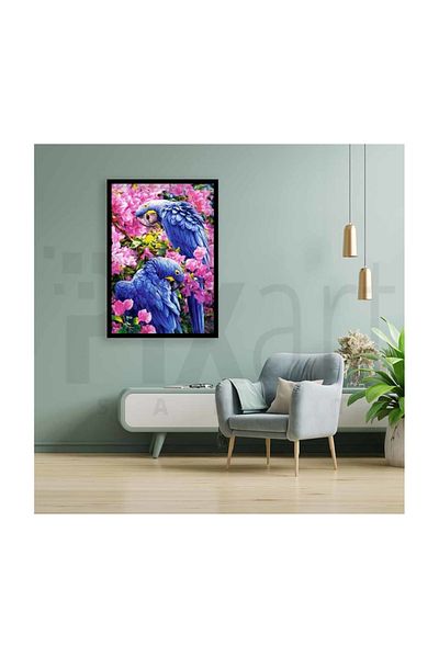 pixartsanat Pair of Parrots in Pink Flowers Pixart Art Diamond Mosaic Painting Diamond Turkey 38*52