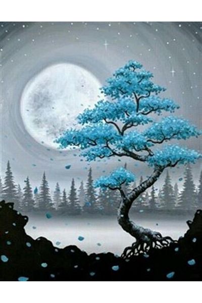 pixartsanat Blue Tree And Full Moon Pixart Art Diamond Mosaic Painting Diamond Türkiye 48*61