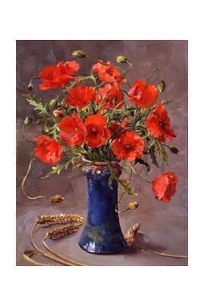 pixartsanat Red Poppies in Blue Vase Pixart Art Diamond Mosaic Painting Diamond Turkey 66*86
