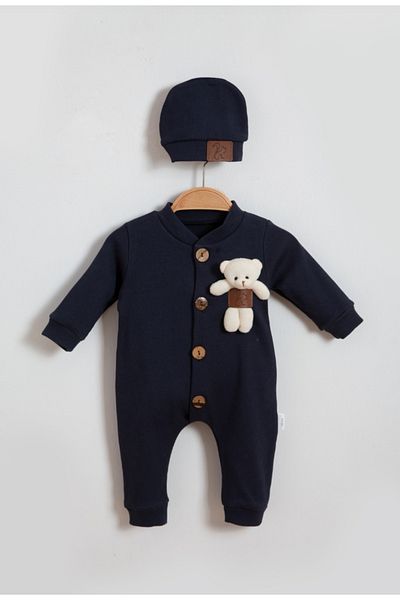 SuAy Baby Baby Jumpsuit with Hat and Button Teddy Bear Detailed Corded Fabric Baby Jumpsuit