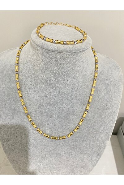ANGELSS JEWELLERY Serenay Dorika Gold Silindir Bambu Kolye Bileklik Seti (Dorika Gümüş Gold Kolye Seti)