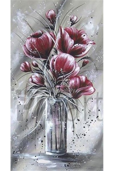 pixartsanat Burgundy Flowers in Glass Vase Pixart Art Diamond Mosaic Painting Diamond Turkey 45*81