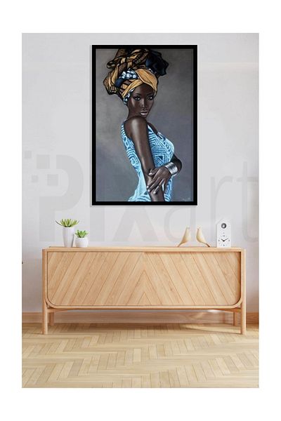 pixartsanat Black Woman in Blue Dress Pixart Art Diamond Mosaic Painting Diamond Türkiye 40*53