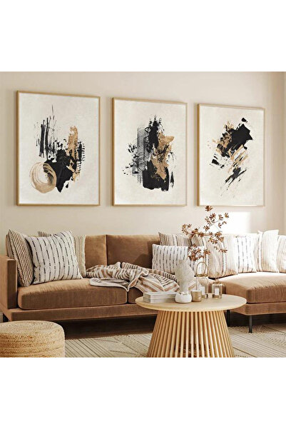 Linacci Triple Slim Gold Metal Frame Abstract Modern Glass Painting Set