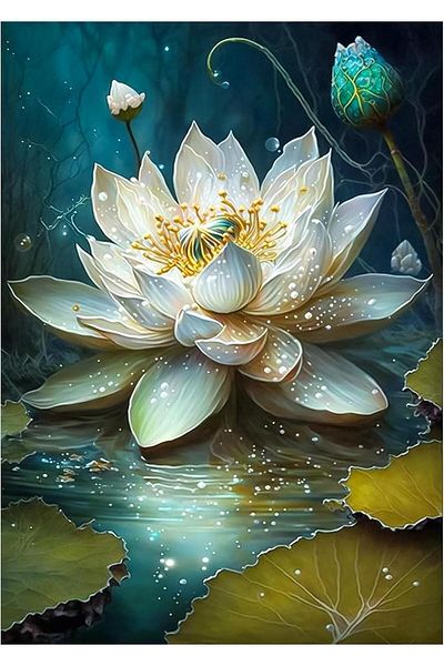 pixartsanat White Lotus Pixart Art Diamond Mosaic Painting Diamond Turkey 30X40