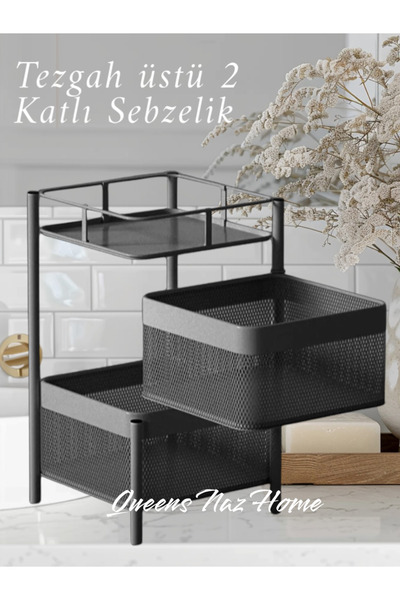 Tezgah üstü Lüxey Siyah Sebzelik Meyvelik - Patates Soğanlık Metal Paslanmaz 47x27
