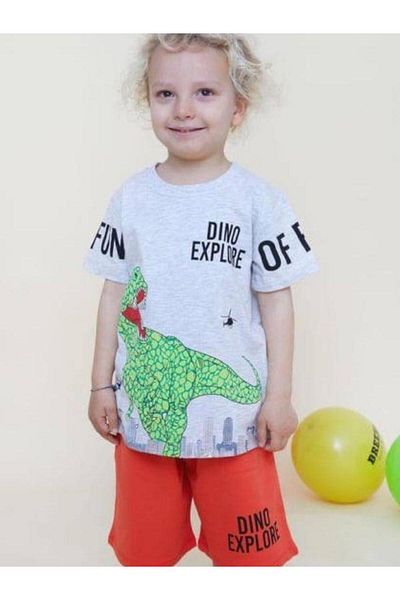 Zekids Boys' Cotton Dinosaur Patterned Shorts Set