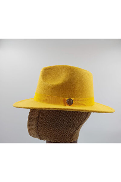 FELLMENS Sarı Metal Düğme Detaylı Panama Fötr Şapka