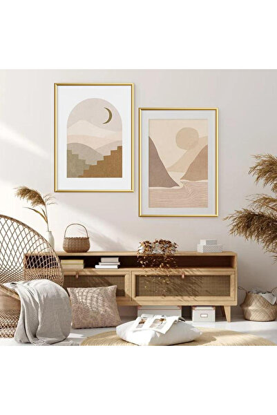 Linacci İkili Gold Metal Çerçeveli Beyaz Krem Daire Camlı Tablo Seti