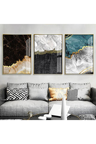 Linacci Σετ Τριπλό Χρυσό Μεταλλικό Πλαίσιο Μαρμάρινο Μαύρο Μπλε Γυαλί Πίνακας Ζωγραφικής