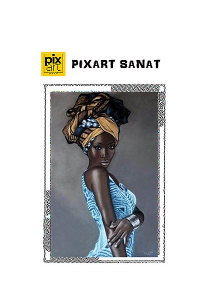 pixartsanat Black Woman in Blue Dress Pixart Art Diamond Mosaic Painting Diamond Türkiye 40*53