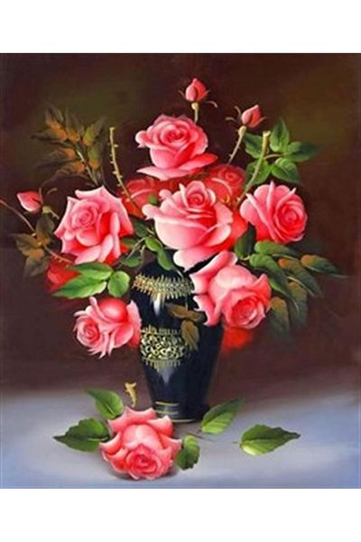 pixartsanat Pink Roses in Black Vase Pixart Art Diamond Mosaic Painting Diamond Turkey 53*63