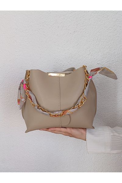 ugurlualisveris Women's Scarf and Chain Accessory Soft Leather 3 Compartment Hand and Shoulder Bag