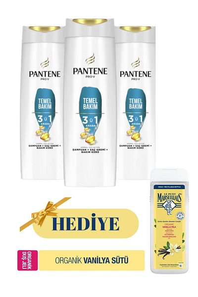 Pantene 3 in 1 Basic Care Shampoo 3X350 ml + (Gift) Le Petit Vanilla Shower Gel 400ml