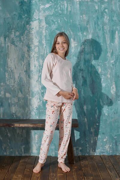 Pijamaevi Somon Macoron Desenli Exclusive Kadife Kız Çocuk Pijama Takımı