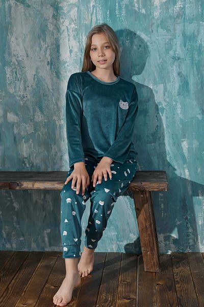 Pijamaevi Petrol Rabbit Patterned Exclusive Velvet Girl's Pajama Set