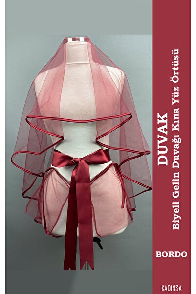 Kadınsa Бордовий весільний фата з білою облямівкою, фата для обряду хінни