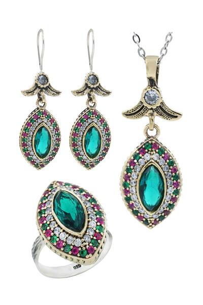 Beyisa Midyat Serisi Açık Mavi Akua Renkli Taşlı Otantik Gümüş Üçlü Kadın Seti