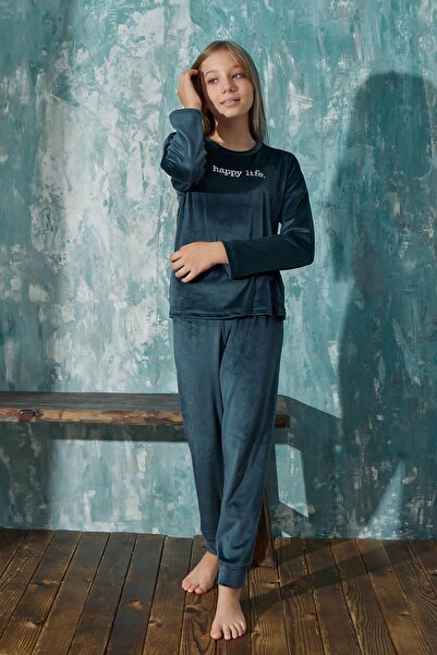 Pijamaevi Ексклюзивний оксамитовий комплект піжами для дівчаток Petrol Happy Life з візерунком