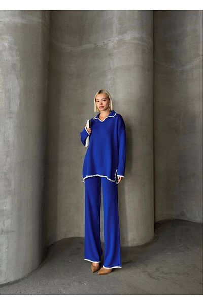buqre's moda Women's Embroidery Detailed Polo V-Neck Knitwear Set